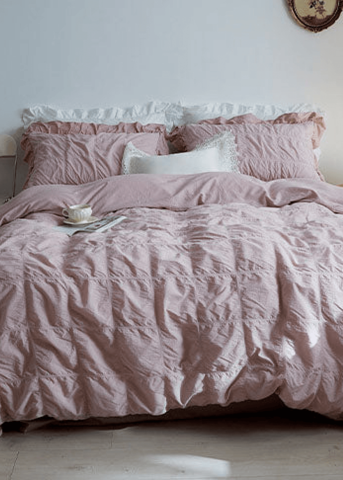 Earth Tone Marshmallow Puff Ruffle Bedding Set / White