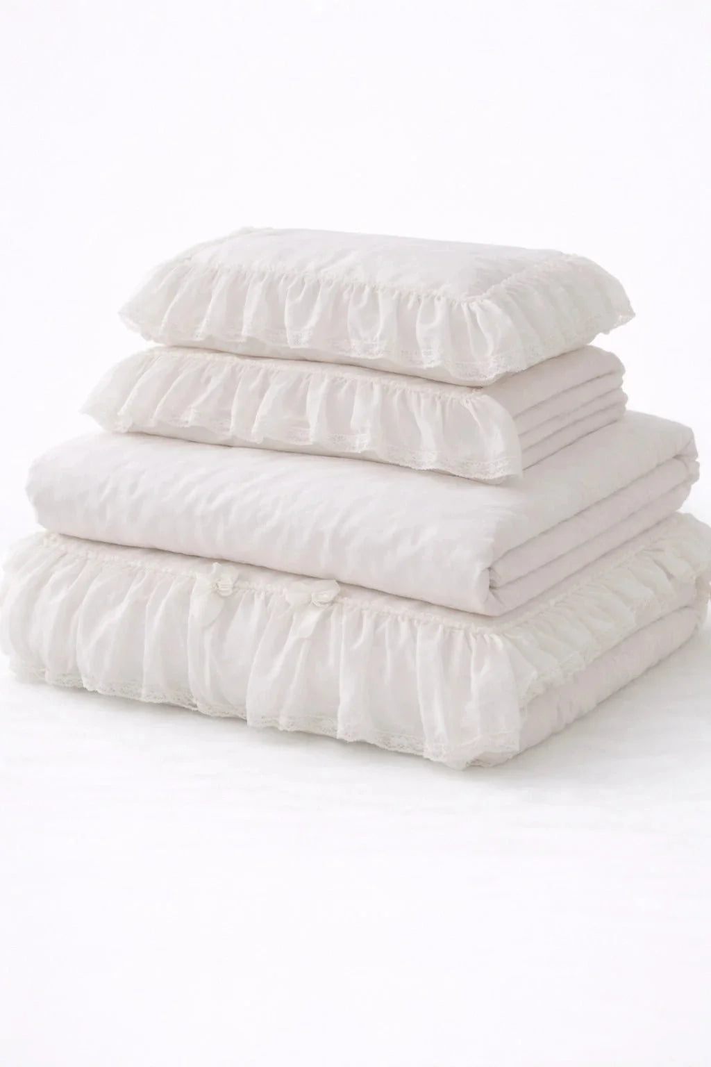 Earth Tone Marshmallow Puff Ruffle Bedding Set / White