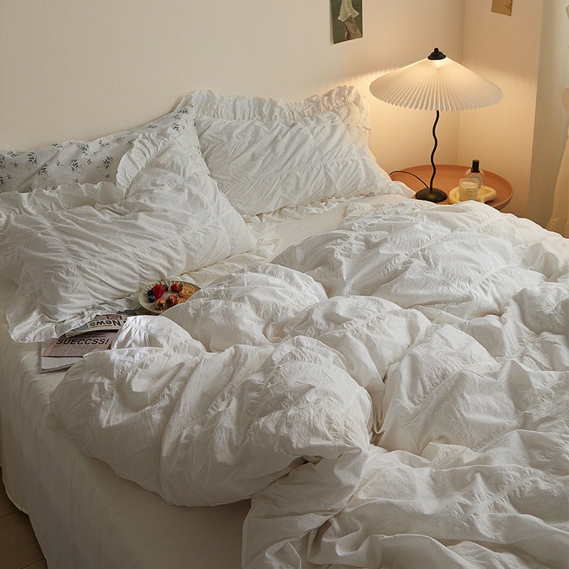 Earth Tone Marshmallow Puff Ruffle Bedding Set / White