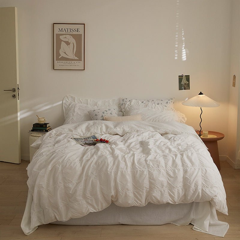 Earth Tone Marshmallow Puff Ruffle Bedding Set / White