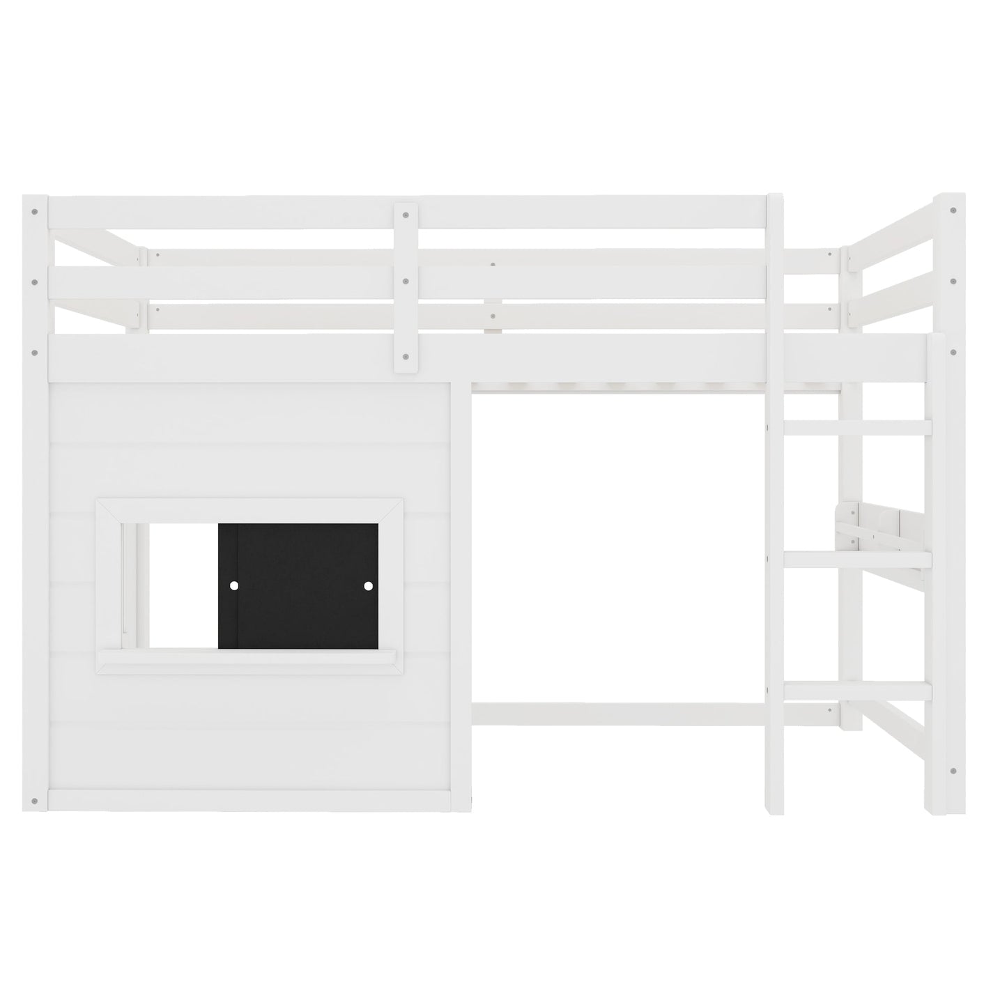 Twin Size Loft Bed With Sliding Chalkboard & Bookshelf