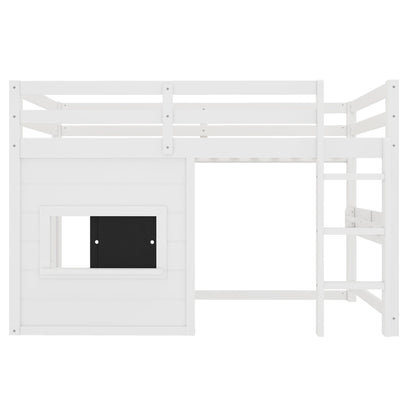Twin Size Loft Bed With Sliding Chalkboard & Bookshelf