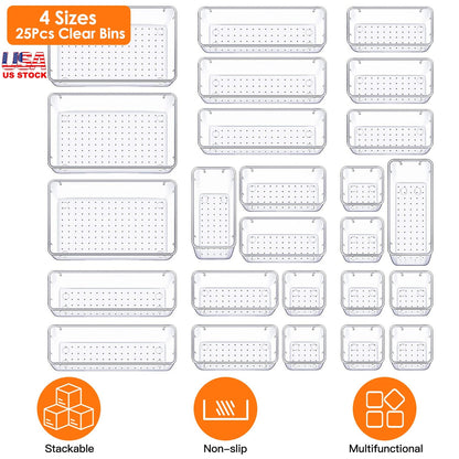 25Pcs Clear Plastic Drawer Organizers Set 4 Sizes Desk Drawer Dividers Trays Storage Bins for Vanity Cabinet Makeup Bathroom Office Kitchen Bedroom Je