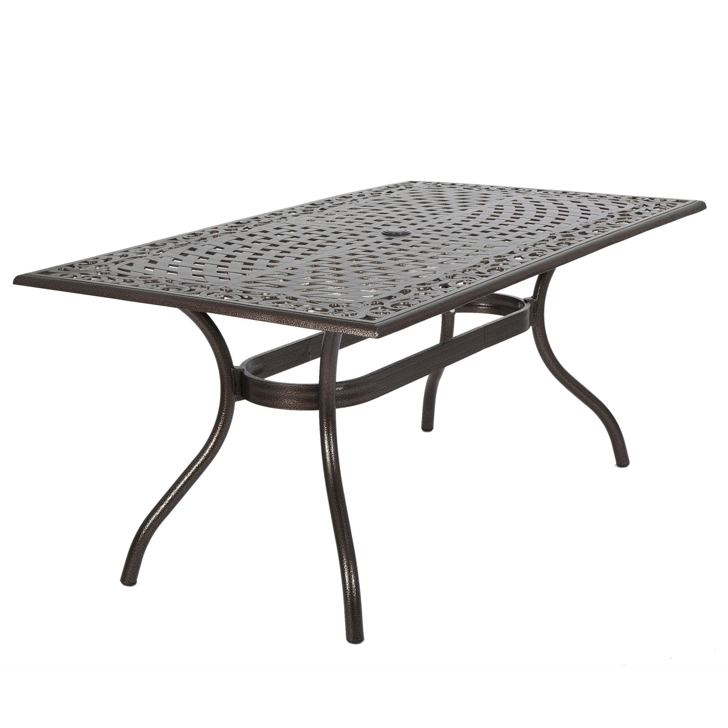 Celestine Outdoor Cast Aluminum Dining Table with Floral Lattice Design and Umbrella Holder