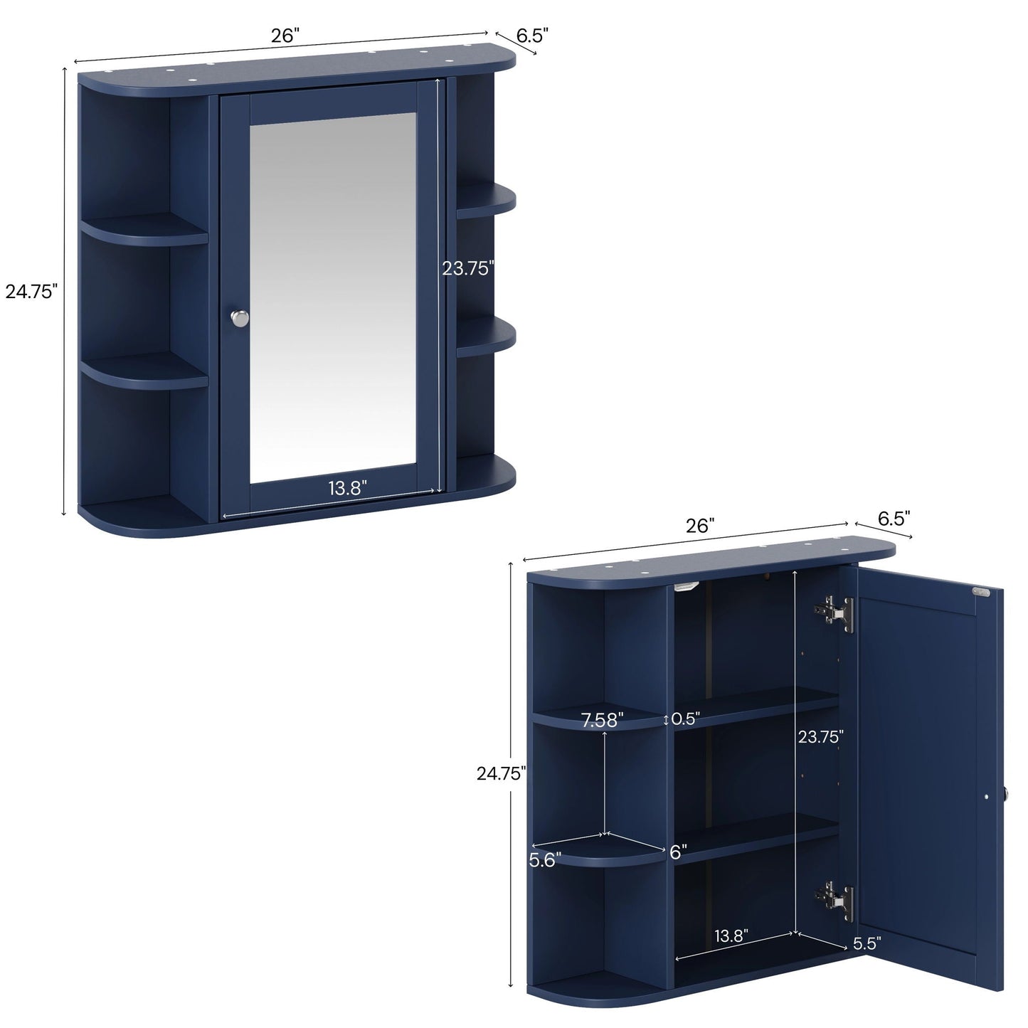 Bathroom Wall Storage Cabinet With Mirror And Adjustable Shelf, 6 Open Shelves