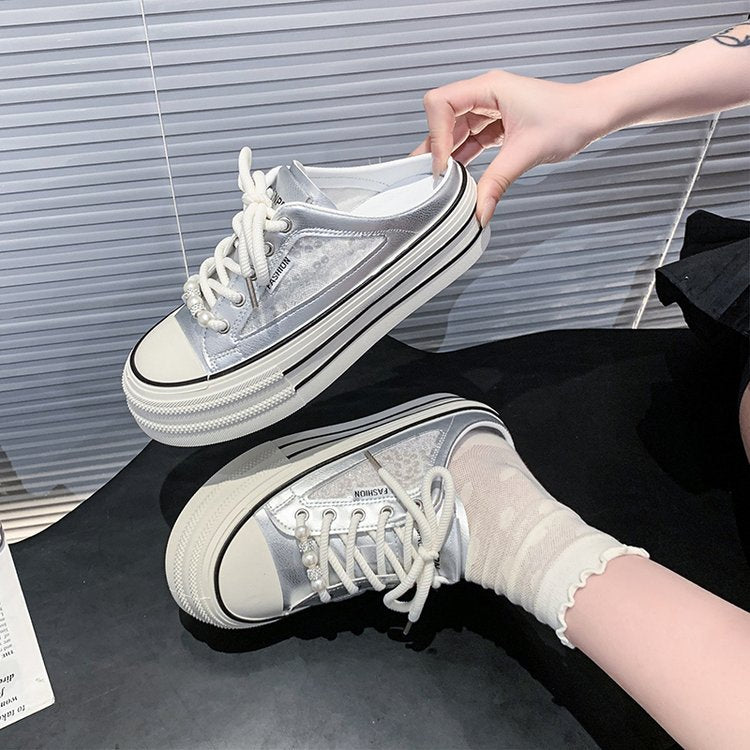 New Casual Breathable Mesh Closed Toe Mules, Versatile Lightweight Good-Looking White Slip-On Shoes For Women