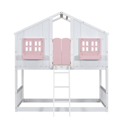 House Bunk Bed With Roof, Window, Window Box, Door, With Safety Guardrails And Ladder