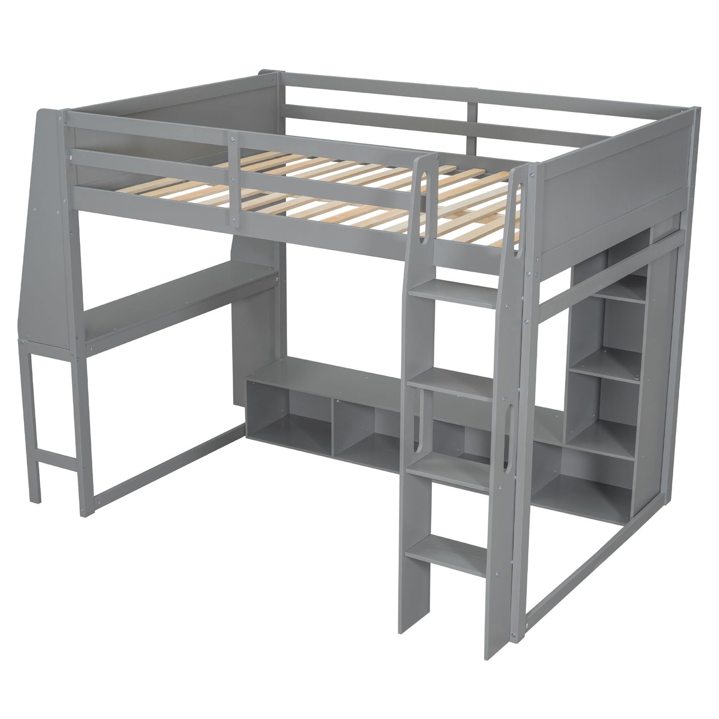 Gaming Loft Bed With Desk, Multi Storage Shelves, LED Lighting, And Hanging Clothes Rack