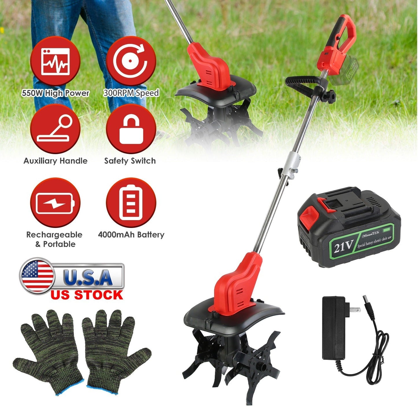21V Electric Cordless Tiller Cultivator Powered Garden Tiller with 4 Blades 16 Steel Tines 550W 300RPM 4000mAh Battery Tilling 9-in Width & 9-in Depth