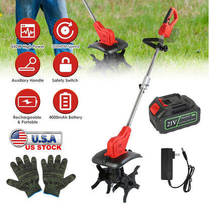 21V Electric Cordless Tiller Cultivator Powered Garden Tiller with 4 Blades 16 Steel Tines 550W 300RPM 4000mAh Battery Tilling 9-in Width & 9-in Depth