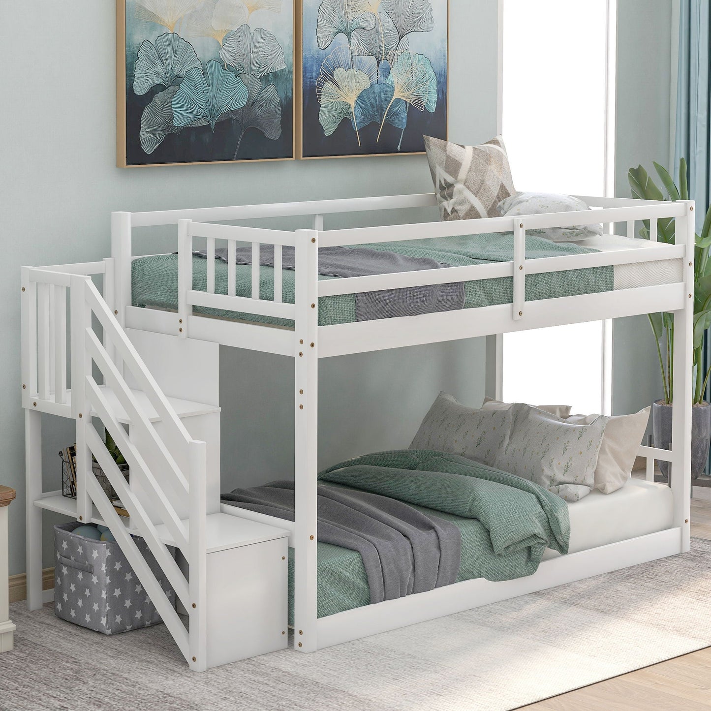 Norset - Twin Over Twin Floor Bunk Bed, Ladder With Storage