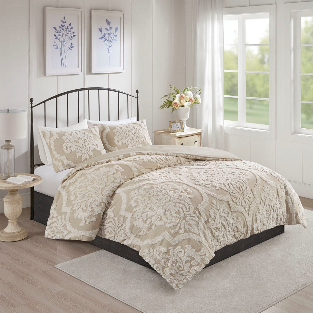 King/Cal King 3 Piece Tufted Cotton Chenille Damask Duvet Cover Set