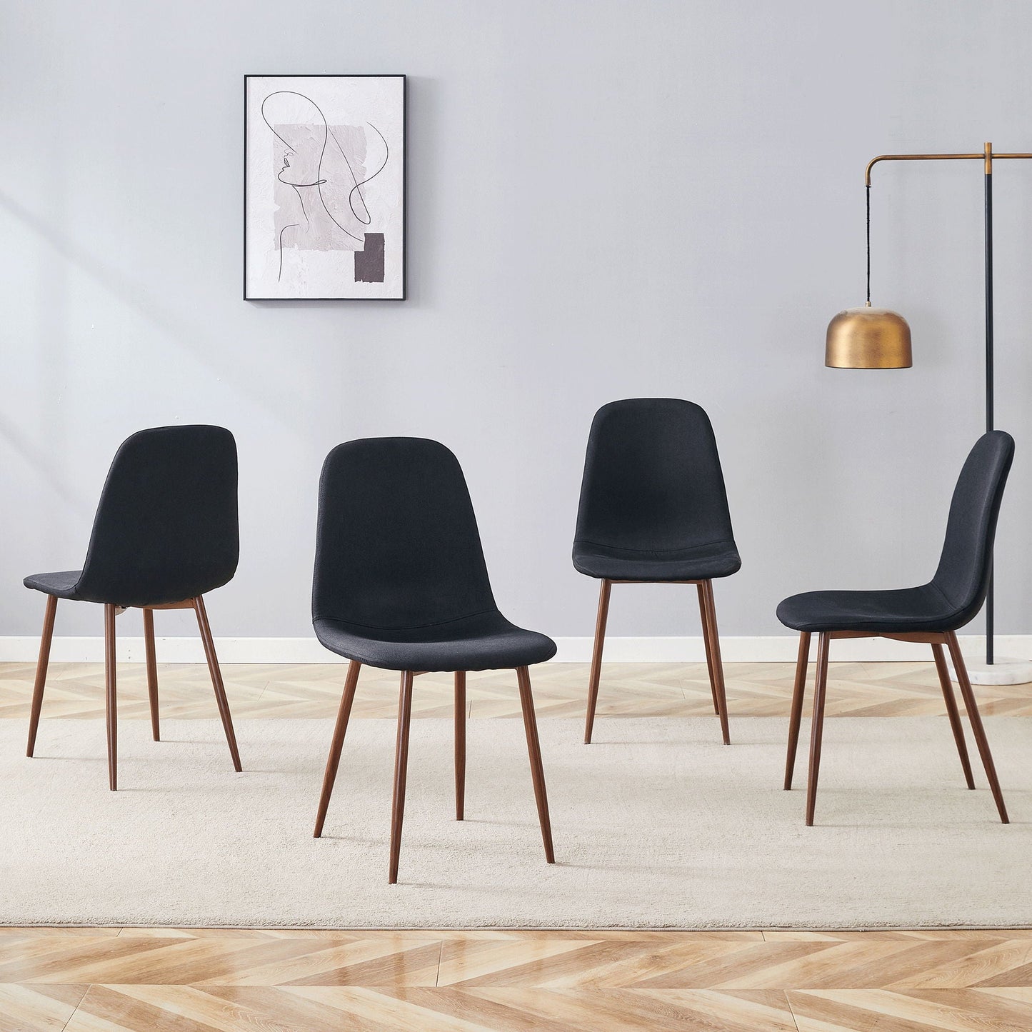 Luxury Simple Chair (Set of 4) Linen Cotton High Resilience Dining Chair With Metal Color Leg - Black / Walnut