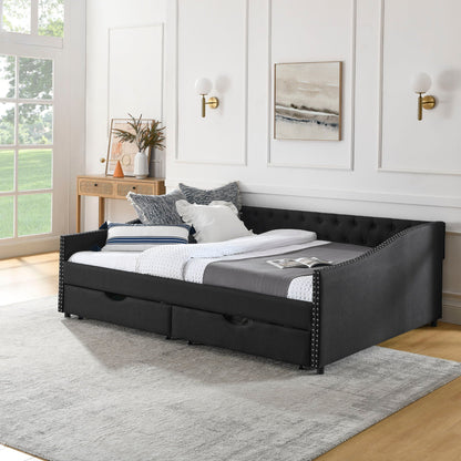 Upholstered Tufted Daybed With 2 Drawers, Waved Arms