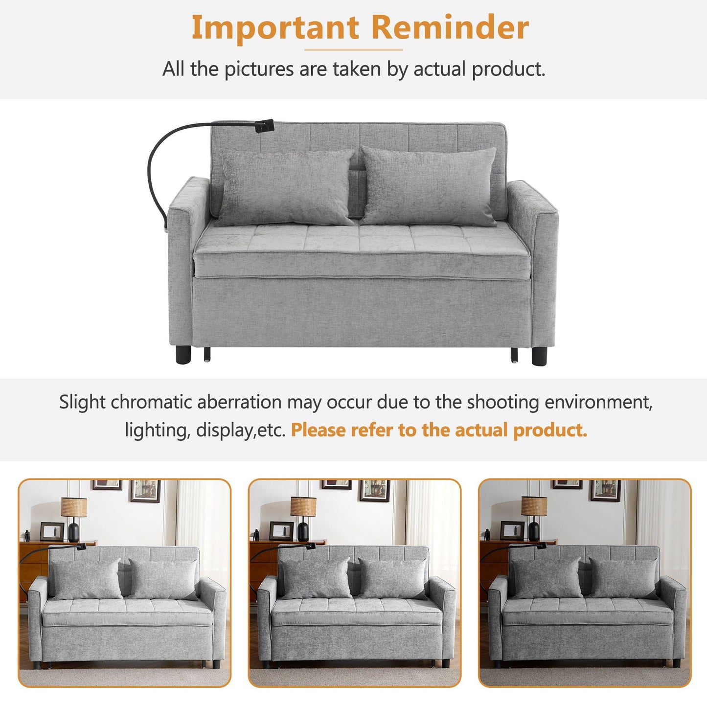 Pull-Out Sleeper Sofa With Reversible Backrest Cushion, Side Pockets, 2 USB Ports And A Phone Holder For Living Room