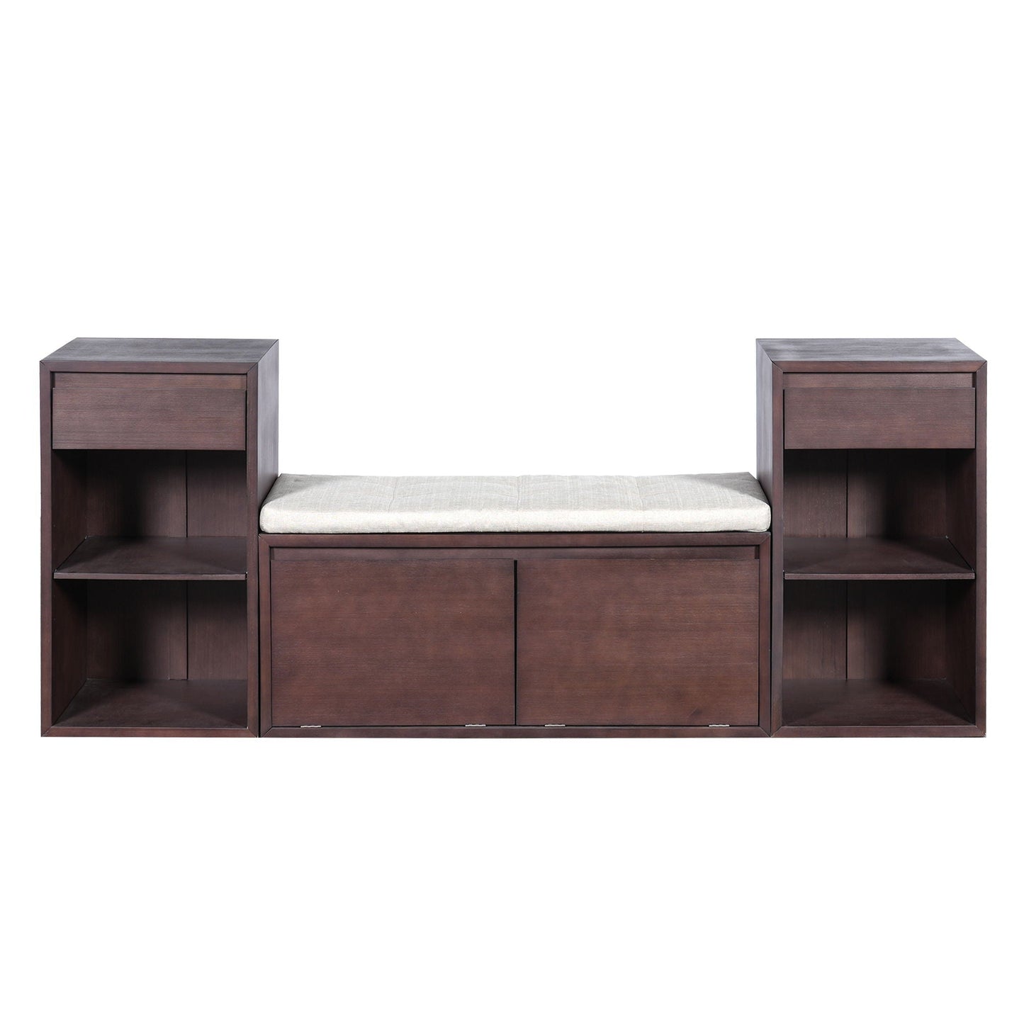 Entryway Storage Bench With Cushion, Drawers & Open Shelves