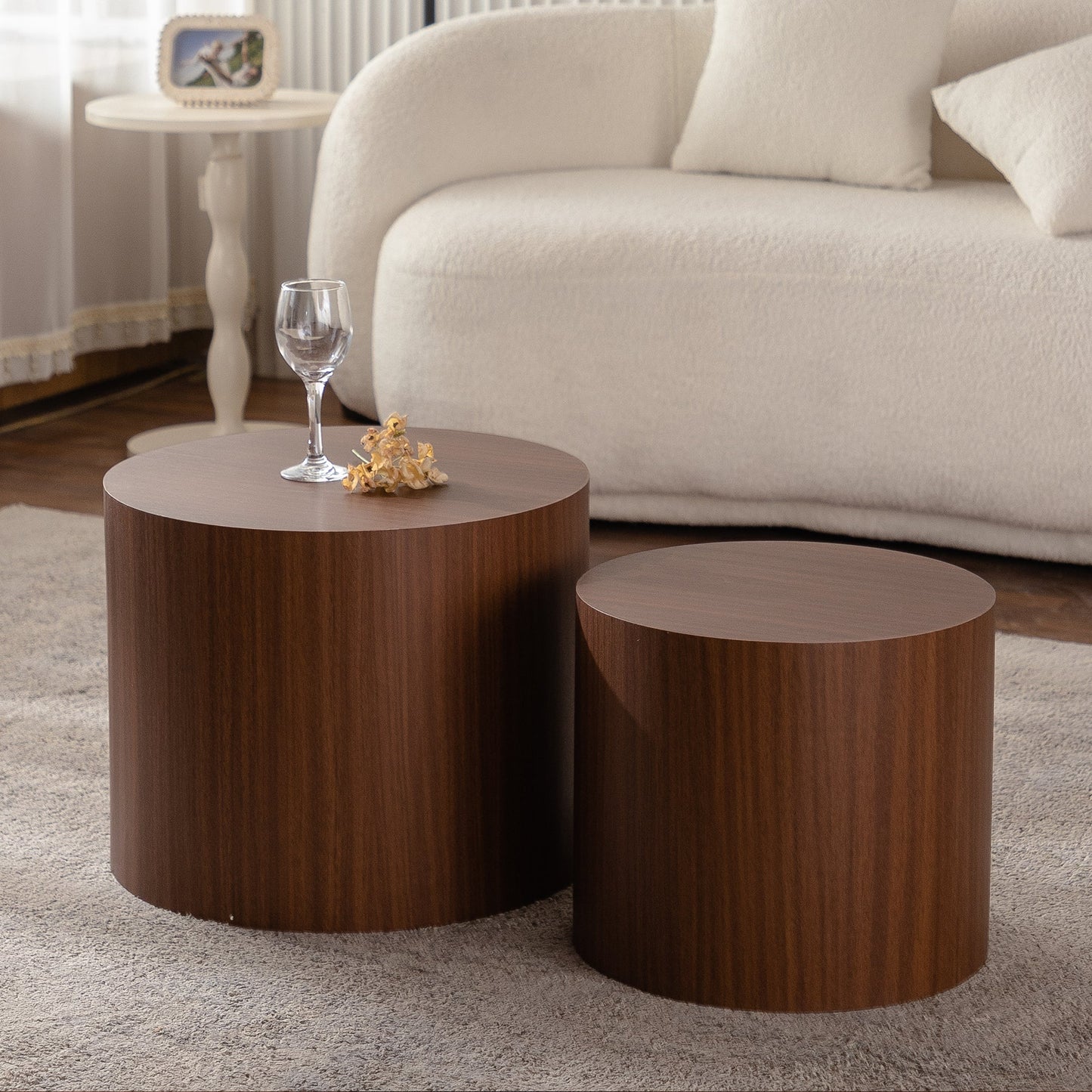 Nesting Coffee Table Set of 2 Round Wooden Tables