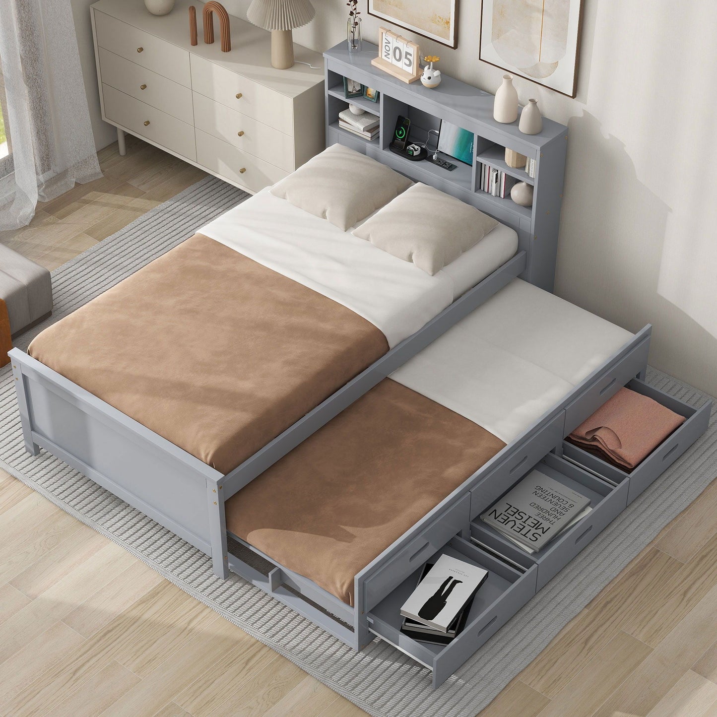 Platform Bed With Storage Headboard, USB, Trundle And 3 Drawers
