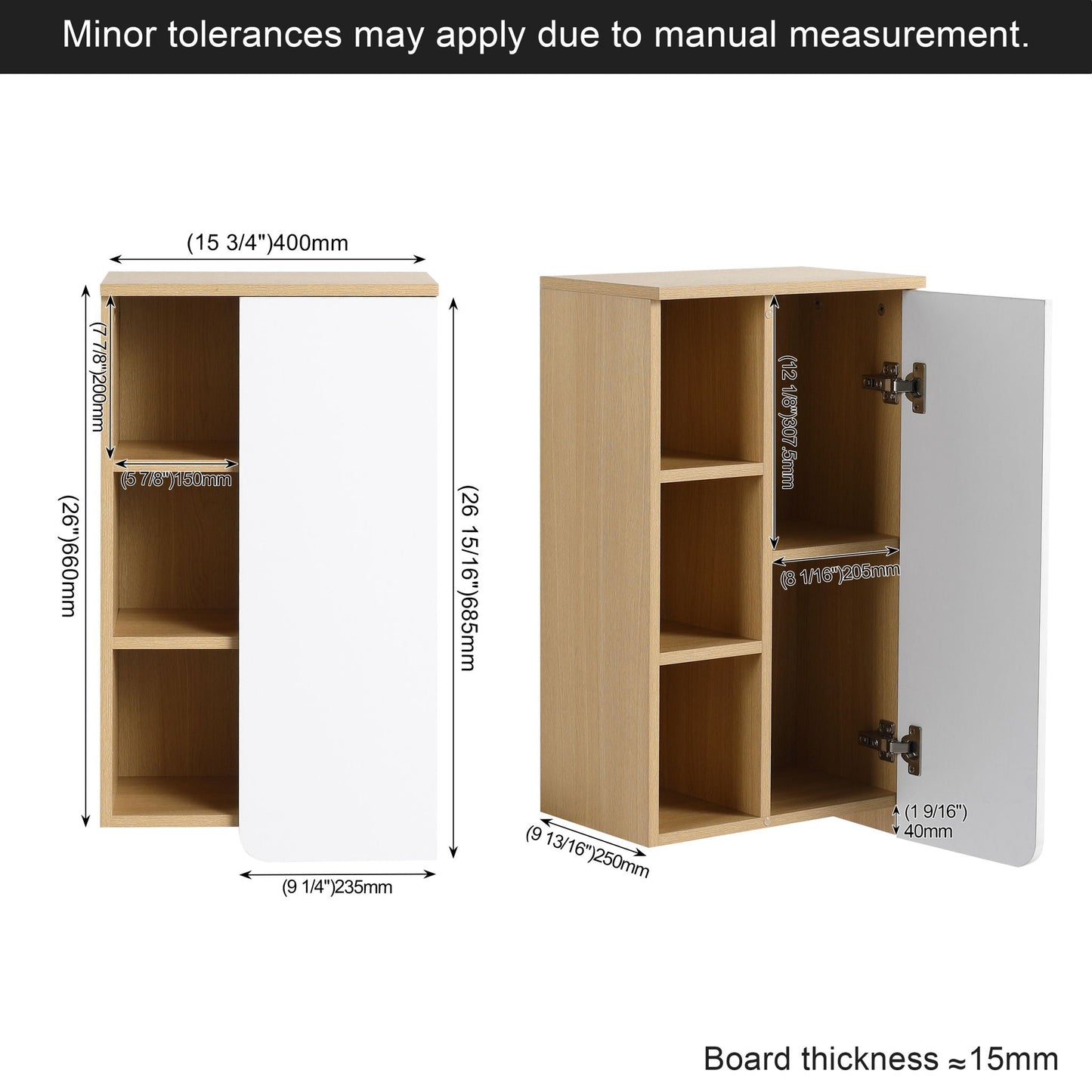 Wall Mounted Bathroom Side Cabinet, Single Door With 3 Tier Open Shelves - Black / Light Oak / White