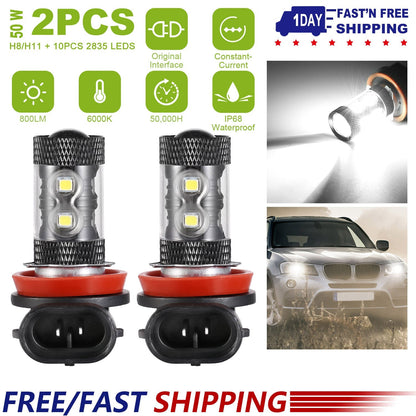 2PCS 800LM 50W H8/H9/H11 LED Fog DRL Light Bulb IP68 Waterproof 10 2835 LEDs 360¡ Beam Angle 6000K White