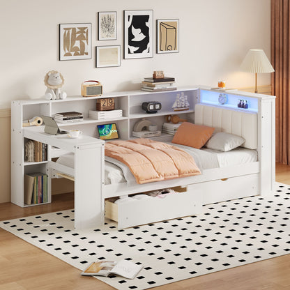 Platform Bed With Upholstered Headboard, Storage Shelves, Drawers, Charging Station, LED Lighting, Built In Desk