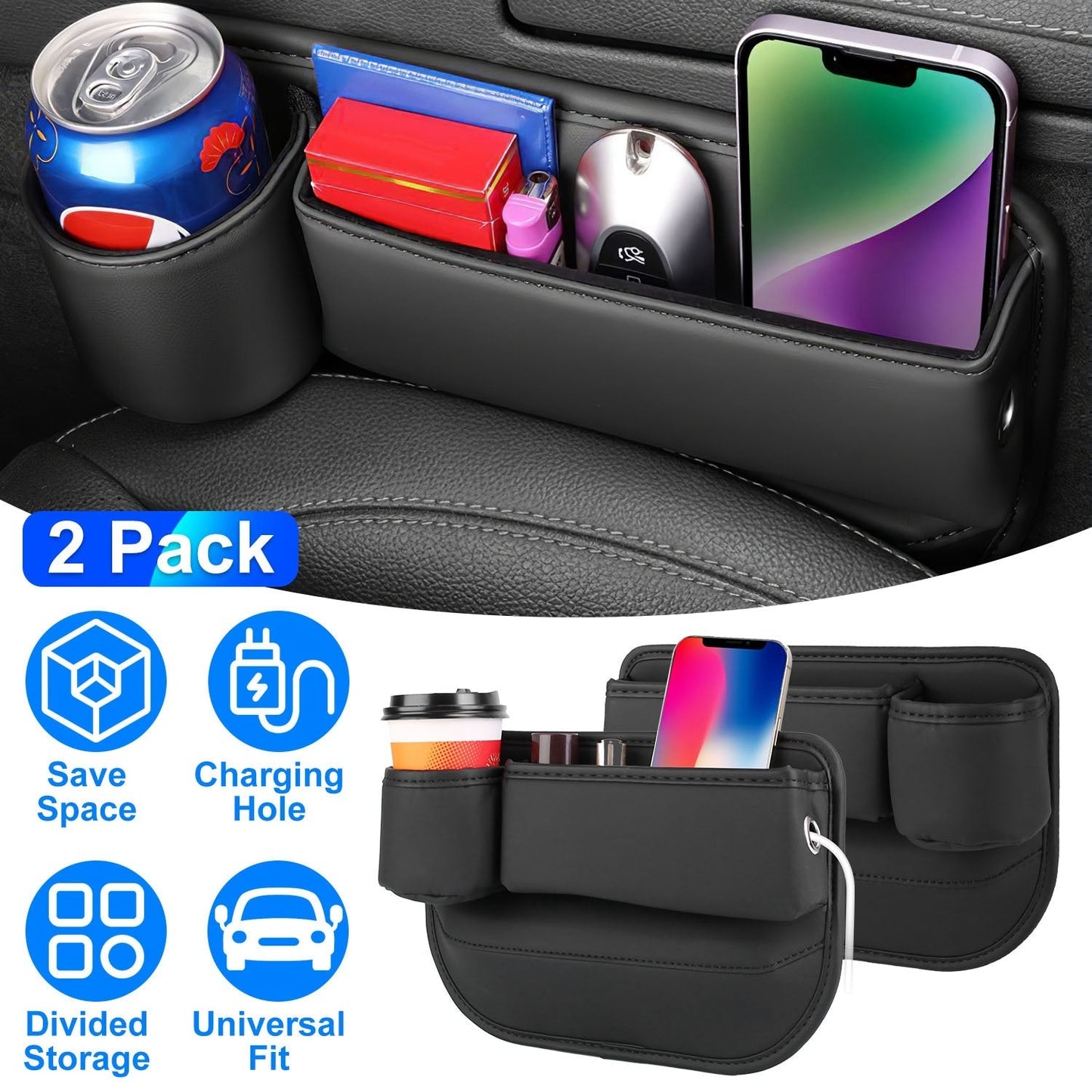 2 Pack Car Seat Gap Filler Organizer Car Leather Cup Holder Gap Bag Universal Car Seat Storage Black for Placing Keys Cards Phones Drinks Lipstick