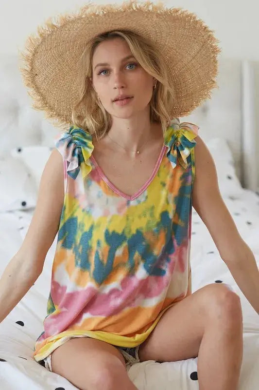 Trendsi Tie Dye Ruffle Knit Tank - V-Neck