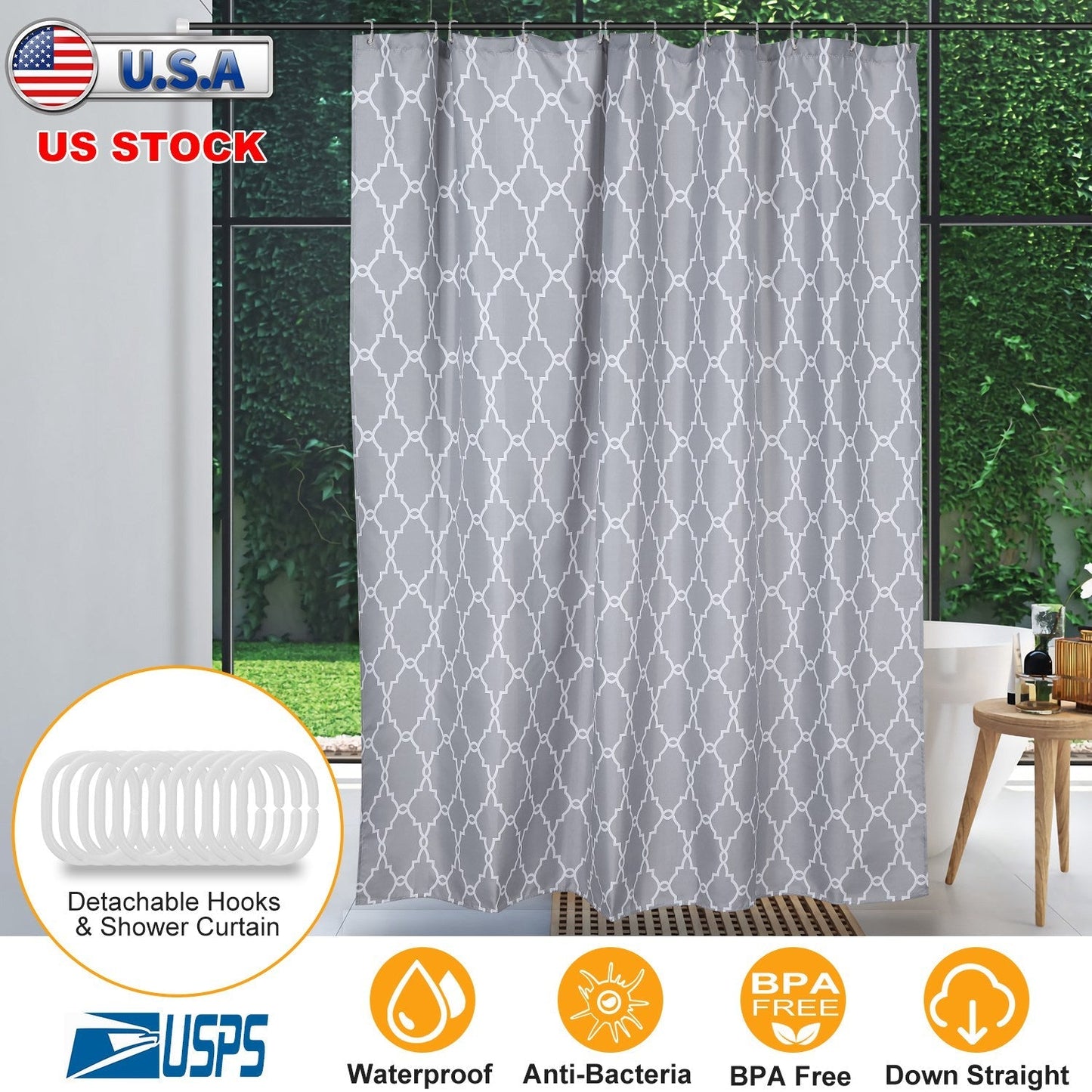Shower Curtain Waterproof 70x70Ó Inches Bathroom Shower Drape Liner Print Polyester Fabric Bathroom Curtain w/ 12 Hooks for Bathtub Shower Stall