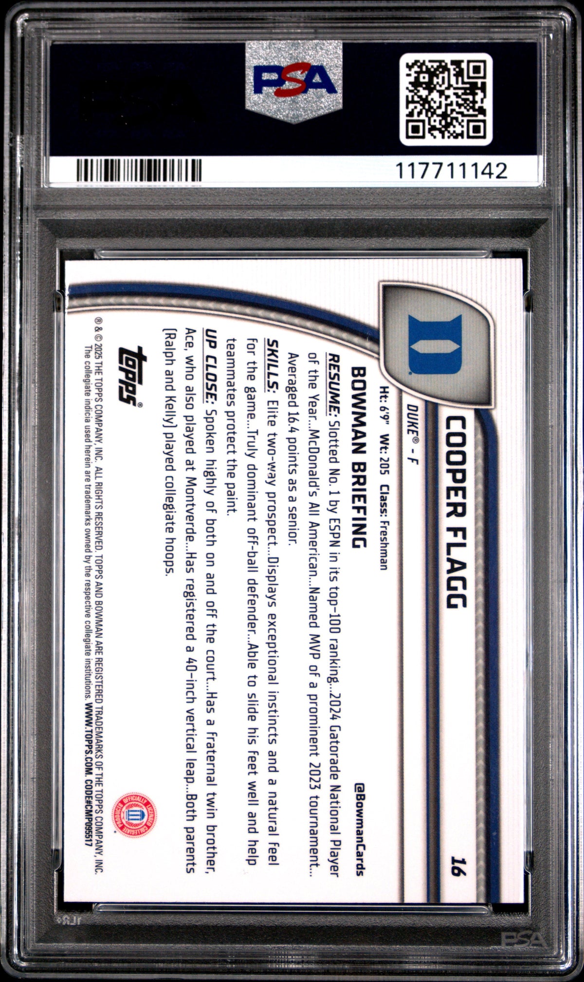 Graded 2024 Topps Bowman Chrome U Cooper Flagg #16 Rookie RC Basketball Card PSA 8 Near Mint