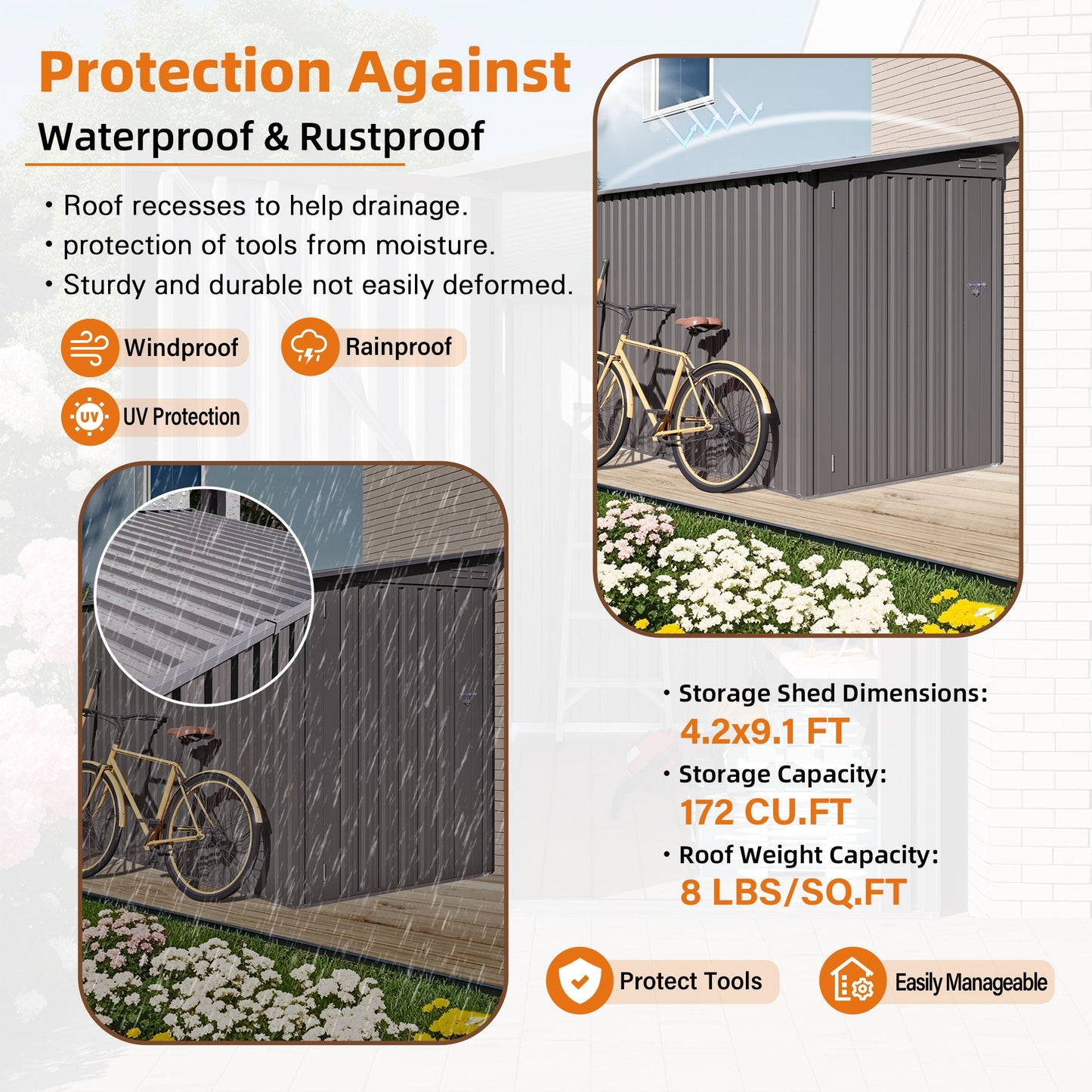 Lean To Shed With Windows, Tool House With Sloping Roof With 2 Vents And 1 Side Open Door For Backyard - Gray