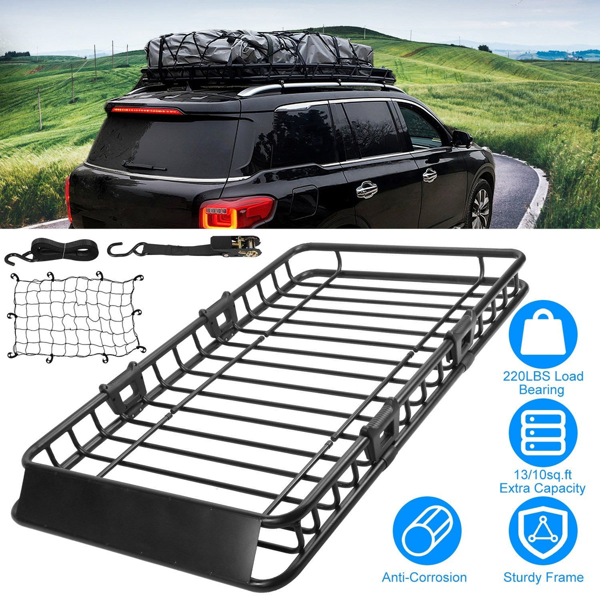 63x39x6.3in Universal Roof Rack Cargo Carrier Car Top Luggage Holder Basket withÊHook Strap Elastic Net