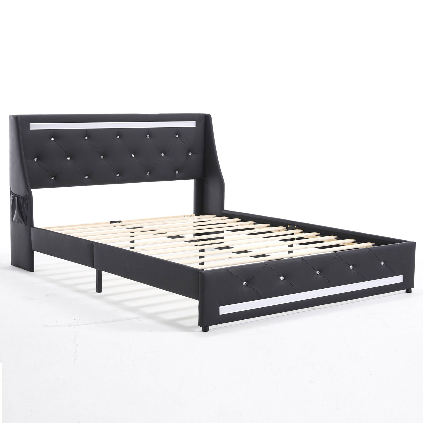 Wingback Upholstered Bed Frame With LED Lights, Charging Station