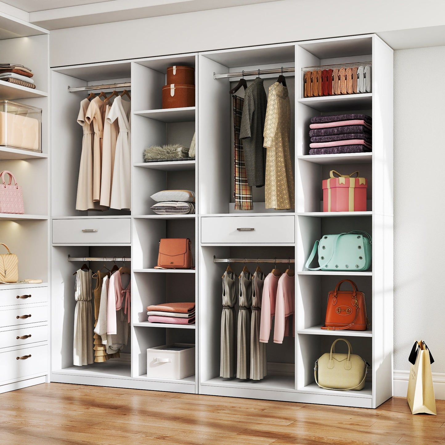 Freestanding Closet System with 6 Open Shelves and 2 Hanging Rods