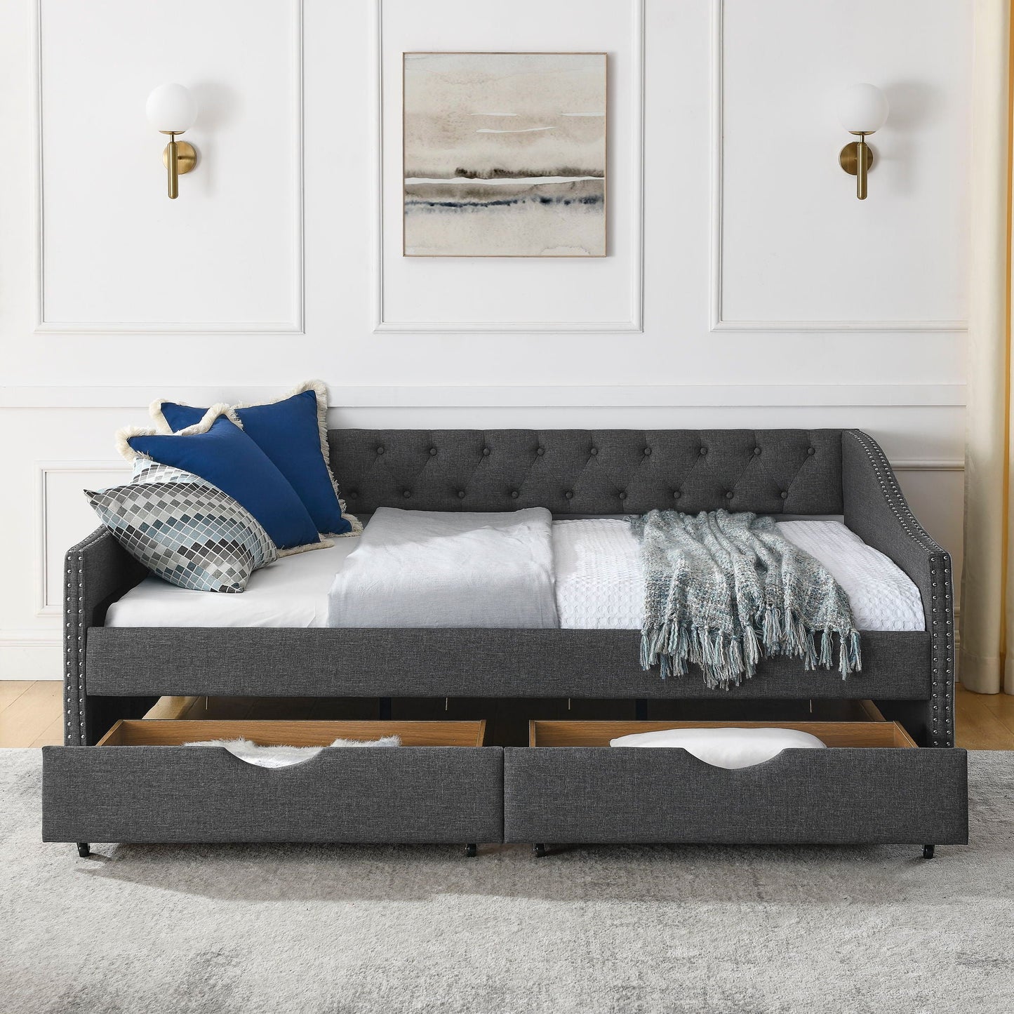 Upholstered Tufted Daybed With 2 Drawers, Waved Arms