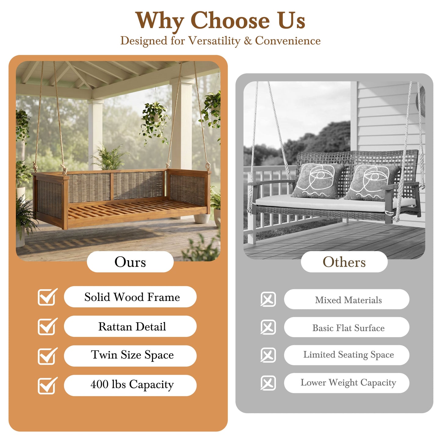 TOPMAX Outdoor Classic Solid Wood Twin Size Swing Bed