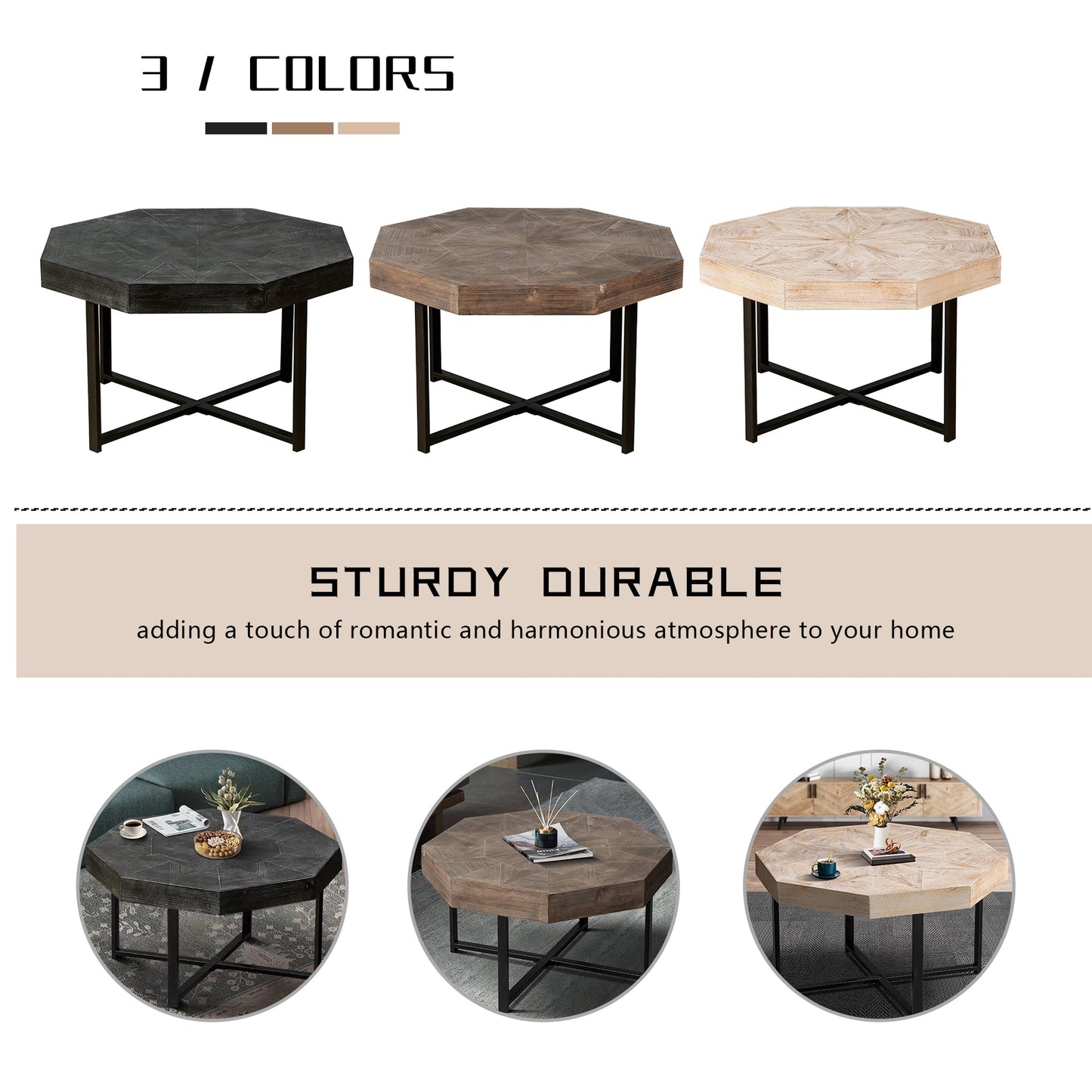 Wood Octagonal Vintage Patchwork Coffee Table