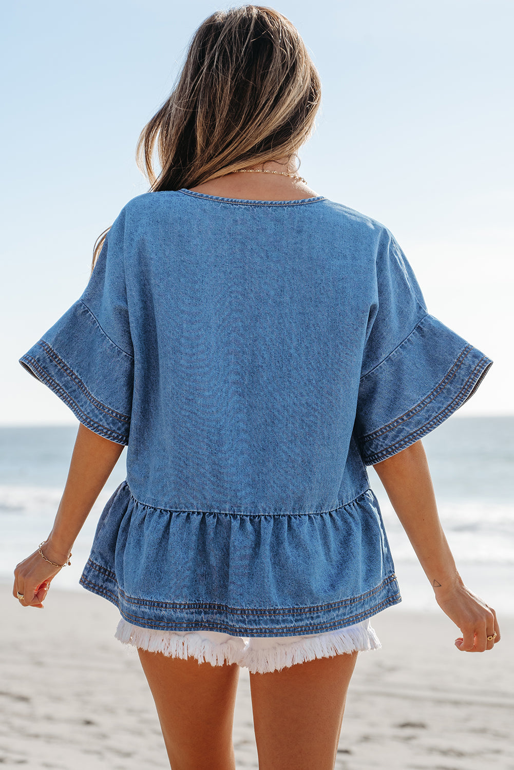 Liv Denim Ruffled Sleeve Lace up Front Peplum Top