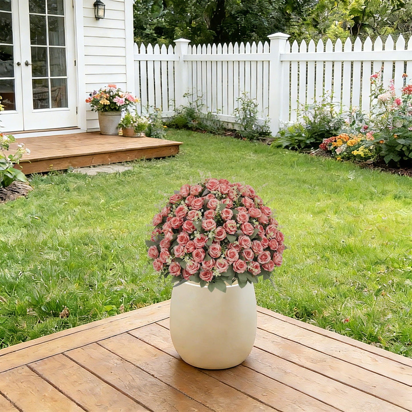 Artificial Rose Decoration With UV Resistant Silk Petals, Durable Stems In Cement Pot, Indoor Outdoor Potted Floral Arrangement - Green / Pink