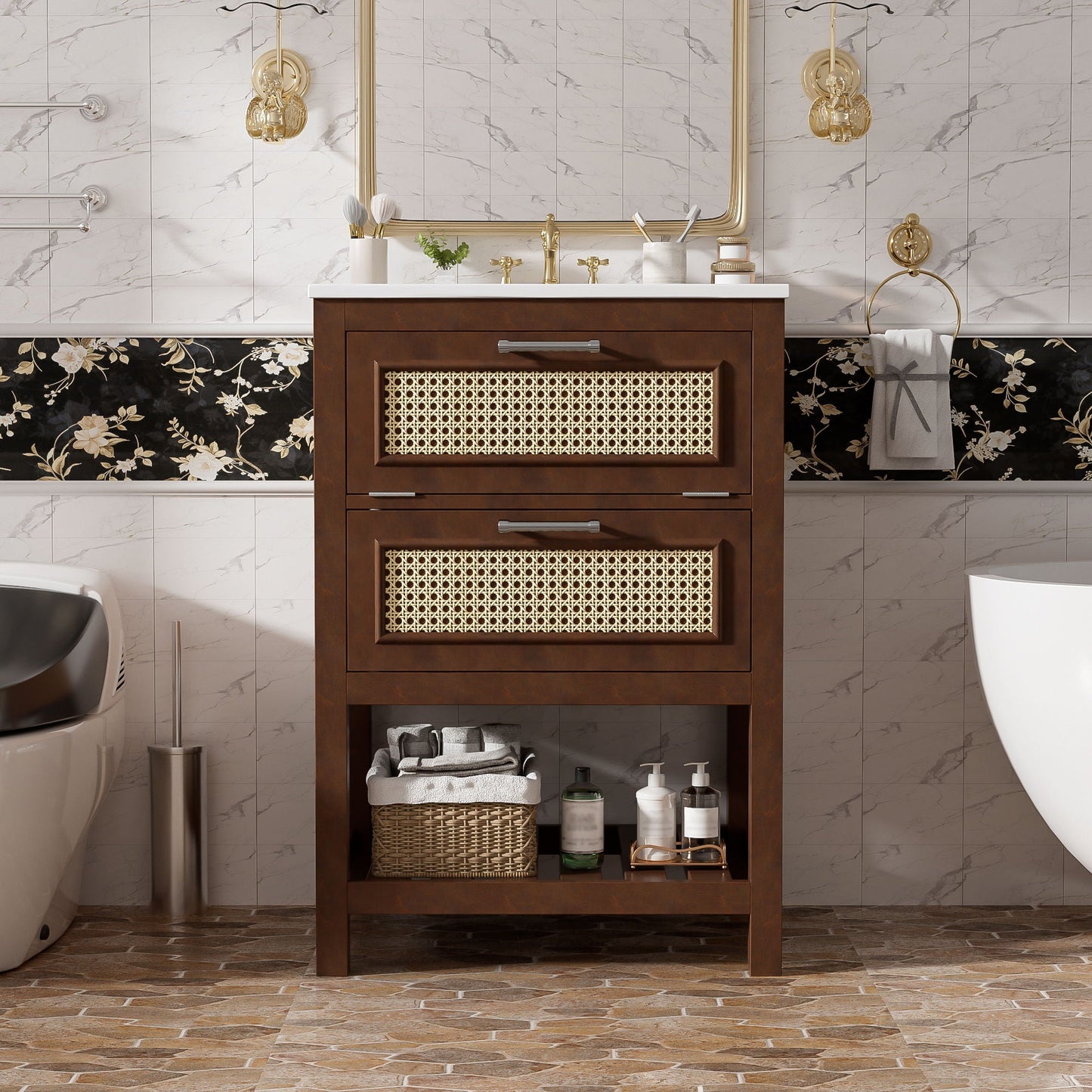 Modern Bathroom Vanity With Integrated Sink, Cabinet With 1 Deep Drawer And 1 Tip-Out Drawer