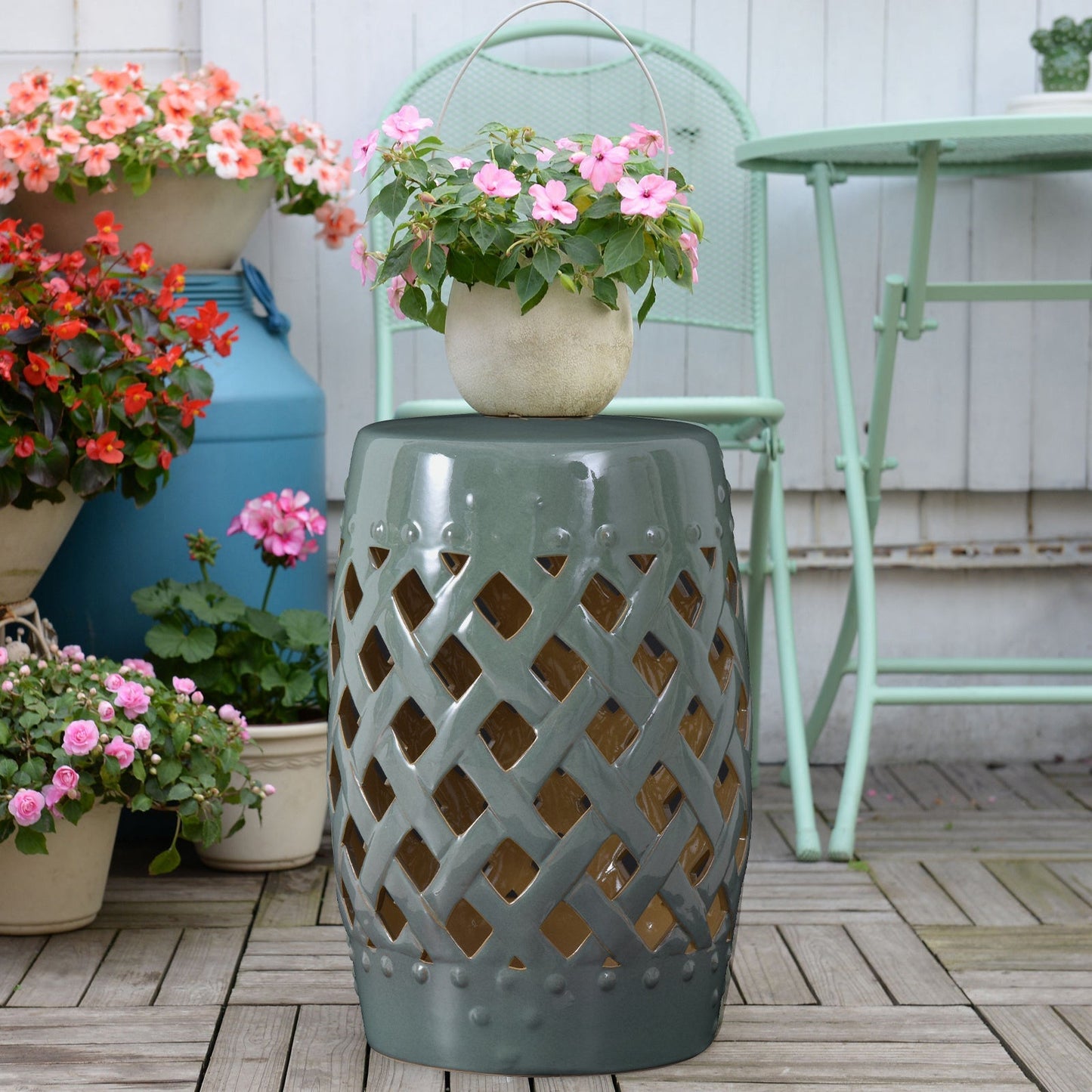 Outsunny 13' x 18' Ceramic Garden Stool with Woven Lattice Design & Glazed Finish