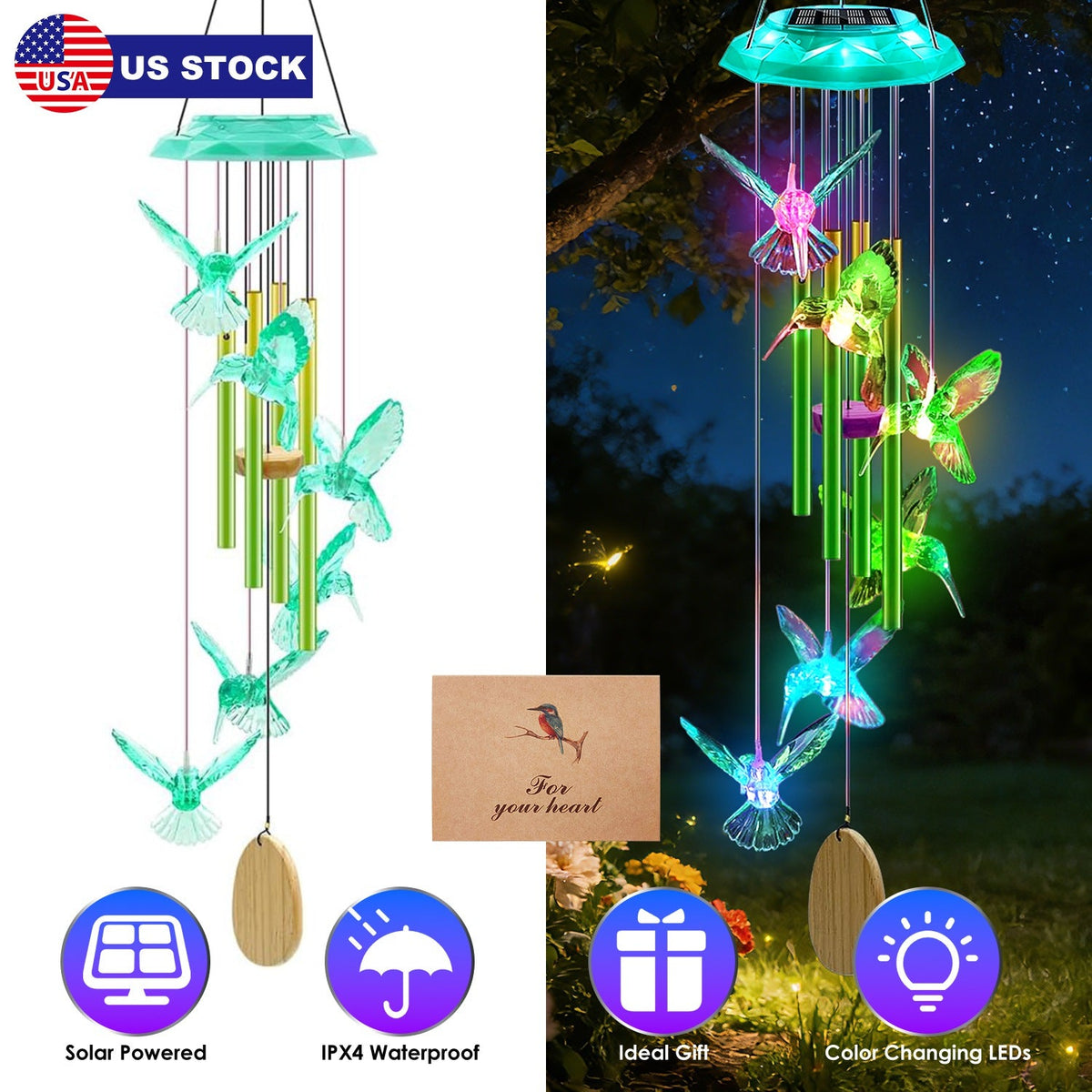 Solar Wind Chime with Color-Changing LED & Aluminum Tubes