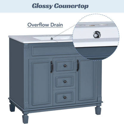 36" Bathroom Vanity With Top Sink, Basin On Cabinet With 2 Soft Closing Doors And 2 Drawers - Blue