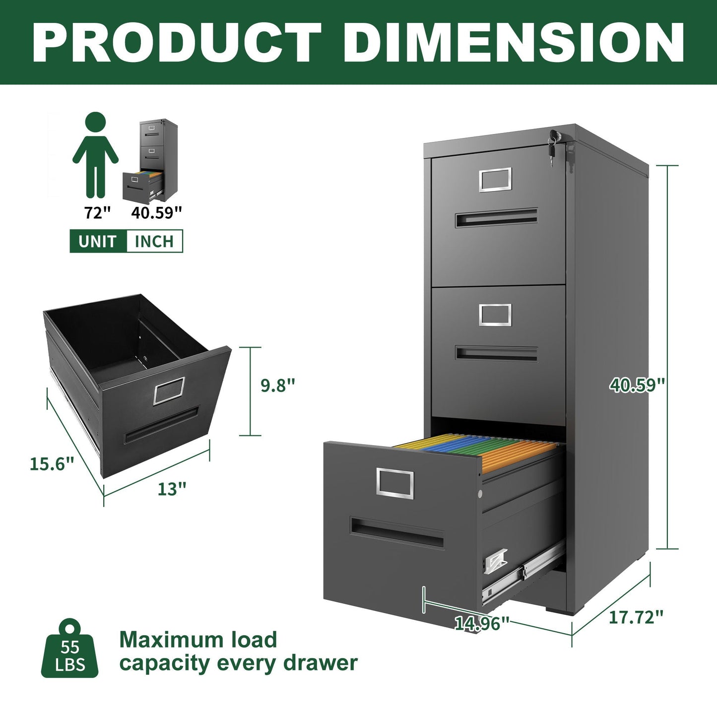 Premium Drawer File Cabinet With Lock, Metal Vertical Design, A4 Legal / Letter Size