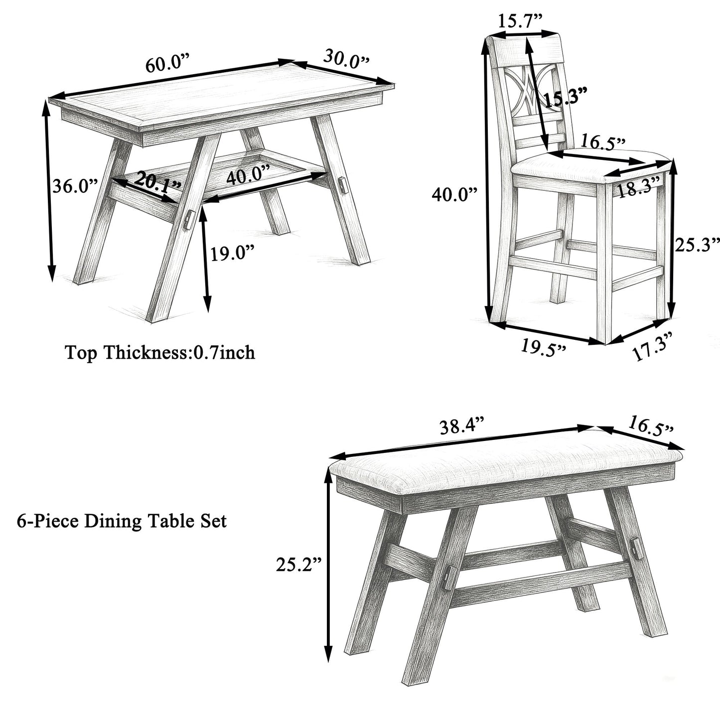 TOPMAX 6-Piece Wood Counter Height Dining Table Set with Storage Shelf