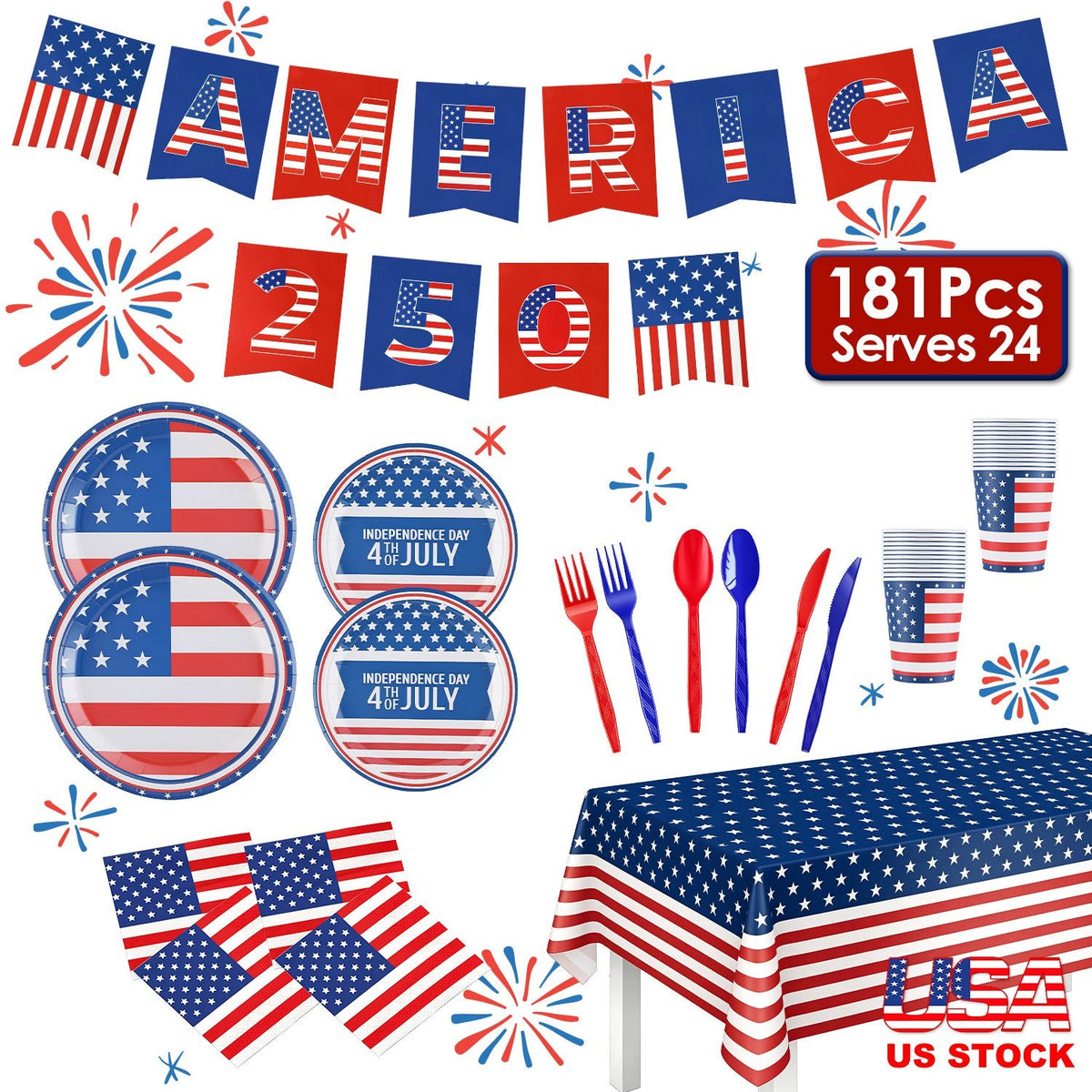4th of July Party Supplies Set for 24 Guests - 181 Pieces