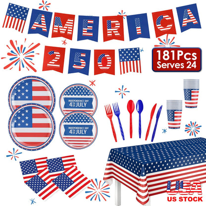 4th of July Party Supplies Set for 24 Guests - 181 Pieces