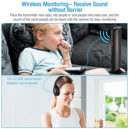Wireless RF Headphones HiFi Over-Ear Headsets RF Transmitter Receiver w/ MicY-shaped Cable Monitoring Earphone 98.4ft Range for TV Radio CD
