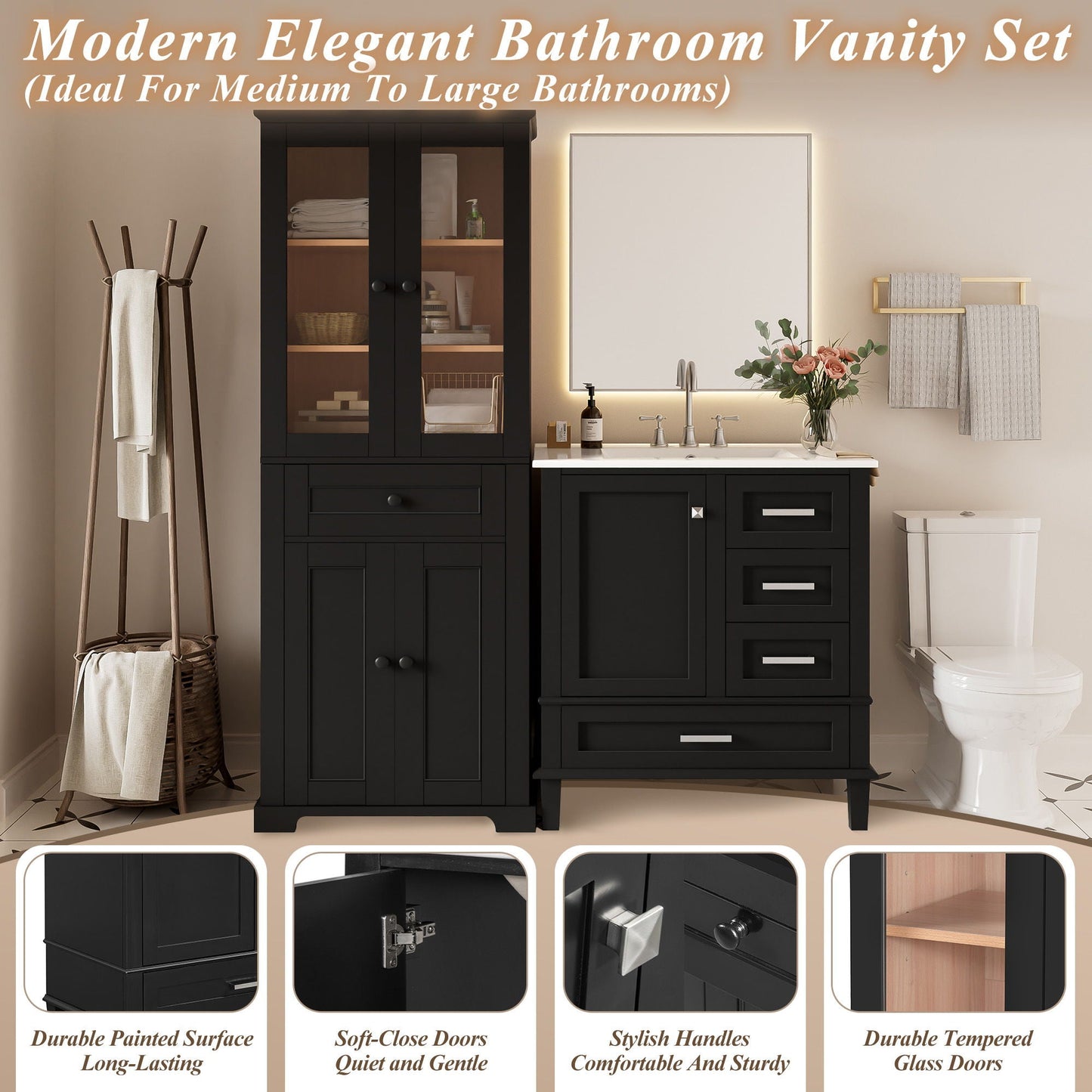 Bathroom Vanity & Tall Storage Cabinet Set With Doors, Adjustable Shelves, Soft Close Hinges, Sink