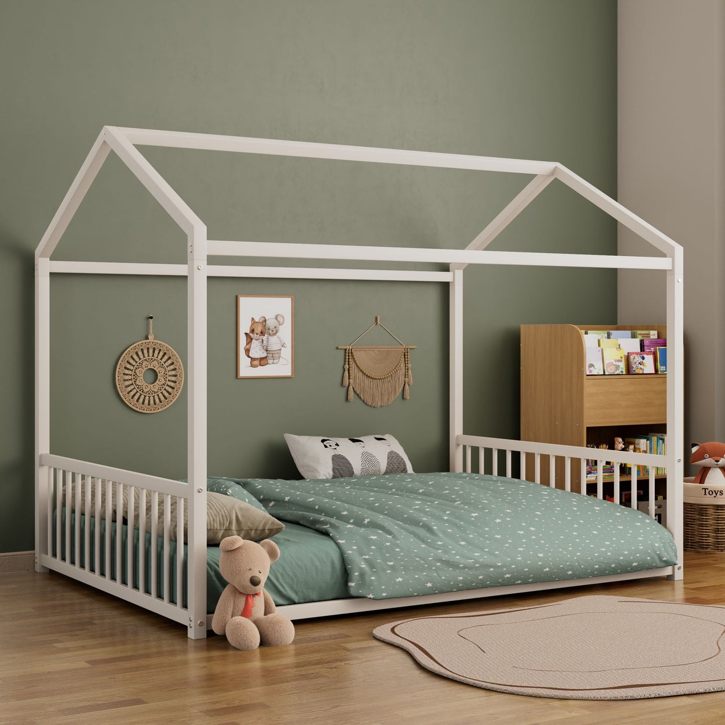 Montessori Style Floor House Shaped Bed With Safety Guardrails