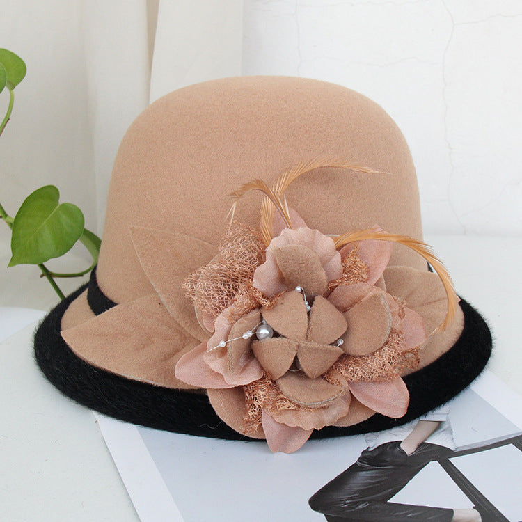 Black Brim Woolen British Feather Flower Top Hat